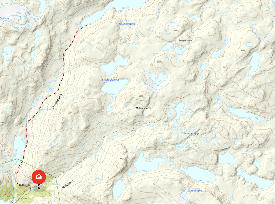 Map showing the route from Middalsbu to Holmavatnet