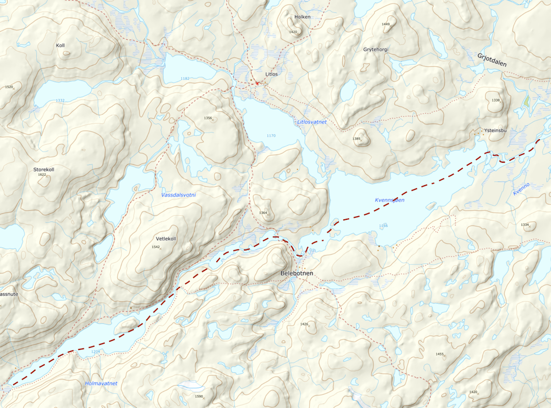 Map showing the route from Holmavatnet to Kvennsjøen