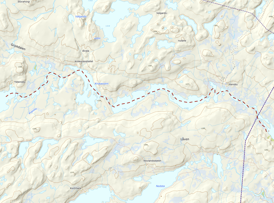 Map showing the route from Kvennsjøen to Hansbu