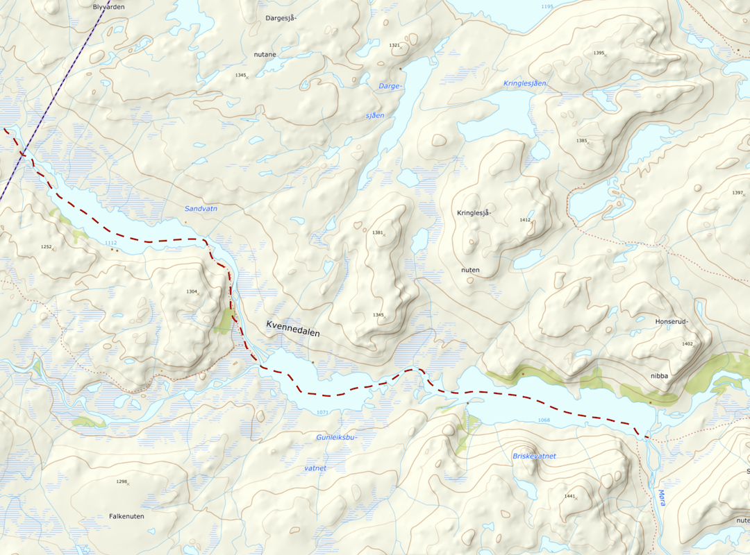 Map showing the route from Hansbu past Honserudfossen to Mogen