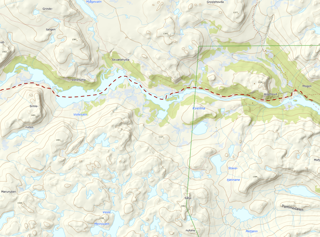 Map showing the final stretch from Honserudfossen to Mogen